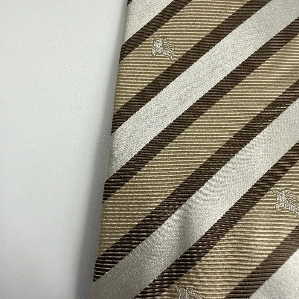 Burberry London Men's Tie Striped Equestrian Knight Logo Khaki Silk 3.5